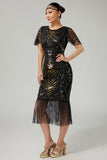 Black Golden Bodycon Fringed Sequin 1920s Dress With 5-Piece Accessories Set