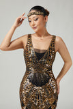 Black Golden Sequin Bodycon Fringed 1920s Dress With 5-Piece Accessories Set