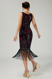 Burgundy Sequin Fringed Bodycon 1920s Dress With 5-Piece Accessories Set