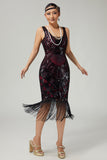 Burgundy Sequin Fringed Bodycon 1920s Dress With 5-Piece Accessories Set