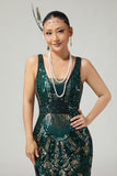 Sparkly Dark Green Fringed Bodycon 1920s Dress With 5-Piece Accessories Set