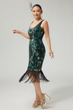 Sparkly Dark Green Fringed Bodycon 1920s Dress With 5-Piece Accessories Set