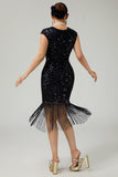 Black Bodycon Sequins Fringed 1920s Dress With 5-Piece Accessories Set
