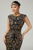 Sparkly Black Golden Bodycon Fringed 1920s Dress With 5-Piece Accessories Set