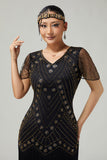 Black Golden V-Neck Bodycon Fringed 1920s Dress With 5-Piece Accessories Set