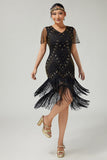 Black Golden V-Neck Bodycon Fringed 1920s Dress With 5-Piece Accessories Set