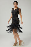 Black Golden V-Neck Bodycon Fringed 1920s Dress With 5-Piece Accessories Set