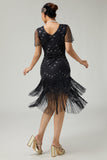 Black Silver Beaded Bodycon Fringed 1920s Dress With 5-Piece Accessories Set