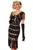 Sparkly Black Golden Fringed V-Neck Sequins Bodycon Midi 1920s Dress With 5-Piece Accessories Set