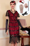 Black Red Beaded Sequins V-Neck Bodycon Fringed Midi 1920s Dress With 5-Piece Accessories Set