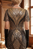 Sparkly Black Golden Bodycon Fringed Sheer Short Sleeves Midi 1920s Dress With 4-Piece Accessories Set