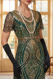 Green Golden V-Neck Sequins Fringed Bodycon Midi 1920s Dress With 4-Piece Accessories Set