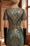 Green Golden V-Neck Sequins Fringed Bodycon Midi 1920s Dress With 4-Piece Accessories Set