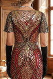 Sparkly Red Golden V-Neck Sequins Fringed Bodycon Midi 1920s Dress With 5-Piece Accessories Set