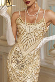Bodycon Apricot Sequins Spaghetti Straps Fringed Midi 1920s Dress With 5-Piece Accessories Set