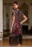 Burgundy Round Neck Sequins Beaded Bodycon Fringed Midi 1920s Dress With 5-Piece Accessories Set