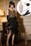 Black Golden Illusion Round Neck Sheath Tiered Fringed Midi 1920s Dress With 5-Piece Accessories Set