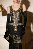 Black Golden Round Neck Sequins Sheath Fringed Midi 1920s Dress With 4-Piece Accessories Set