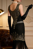 Black Golden Round Neck Sequins Sheath Fringed Midi 1920s Dress With 4-Piece Accessories Set
