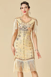 Apricot Sheath V-Neck Sequins Fringed Midi 1920s Dress With 5-Piece Accessories Set