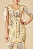 Apricot Sheath V-Neck Sequins Fringed Midi 1920s Dress With 5-Piece Accessories Set