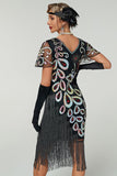 Black V-Neck Sequins Beaded Multi-Layer Fringed Bodycon Midi 1920s Dress With 5-Piece Accessories Set