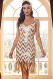 White Golden Spaghetti Straps Sequins Bodycon Fringed 1920s Dress With 5-Piece Accessories Set
