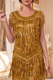 Sparkly Golden Round Neck Sheath Sequins 1920s Dress With 4-Piece Accessories Set