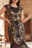 Black Golden Round Neck Beaded Sequins Fringed Bodycon Midi 1920s Dress With 4-Piece Accessories Set