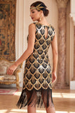 Black Golden Round Neck Sheath Sequins Fringed 1920s Dress With 5-Piece Accessories Set