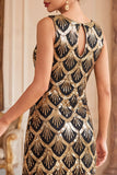Black Golden Round Neck Sheath Sequins Fringed 1920s Dress With 5-Piece Accessories Set