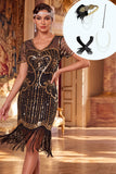 Black Golden V-Neck Sequins Bodycon Midi 1920s Dress With 5-Piece Accessories Set