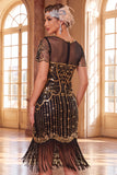 Black Golden V-Neck Sequins Bodycon Midi 1920s Dress With 5-Piece Accessories Set