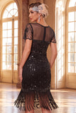 Black V-Neck Sequins Bodycon Fringed Midi 1920s Dress With 5-Piece Accessories Set