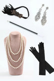 Black V-Neck Sequins Bodycon Fringed Midi 1920s Dress With 5-Piece Accessories Set