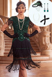 Black Green Round Neck Sequins Tiered Fringed Sheath 1920s Dress With 4-Piece Accessories Set