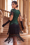 Black Green Round Neck Sequins Tiered Fringed Sheath 1920s Dress With 4-Piece Accessories Set