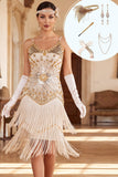 Apricot Sequins Tiered Fringed Spaghetti Straps Bodycon 1920s Dress With 5-Piece Accessories Set