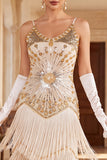 Apricot Sequins Tiered Fringed Spaghetti Straps Bodycon 1920s Dress With 5-Piece Accessories Set