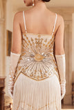 Apricot Sequins Tiered Fringed Spaghetti Straps Bodycon 1920s Dress With 5-Piece Accessories Set