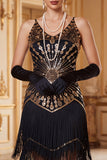 Black Golden V-Neck Sequins Spaghetti Straps Sheath Fringed 1920s Dress With 5-Piece Accessories Set
