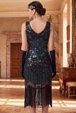 Black Beaded Bodycon V-Neck Fringed 1920s Dress With 5-Piece Accessories Set
