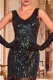 Black Beaded Bodycon V-Neck Fringed 1920s Dress With 5-Piece Accessories Set