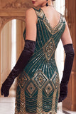 Green Golden Sequins Fringed V-Neck Bodycon Midi 1920s Dress With 4-Piece Accessories Set