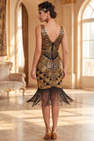 Black Golden V-Neck Bodycon Sequins Fringed 1920s Dress With 5-Piece Accessories Set