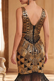 Black Golden V-Neck Bodycon Sequins Fringed 1920s Dress With 5-Piece Accessories Set