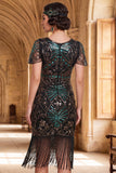 Black Green Round Neck Sequins Bodycon Fringed 1920s Dress With 4-Piece Accessories Set