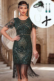 Bodycon Dark Green Sequins Round Neck Fringed 1920s Dress With 4-Piece Accessories Set