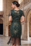 Bodycon Dark Green Sequins Round Neck Fringed 1920s Dress With 4-Piece Accessories Set