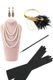 Black Golden Round Neck Fringed Sequins Bodycon 1920s Dress With 5-Piece Accessories Set